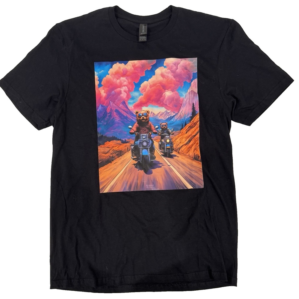 Gildan Graphic T-Shirt Colorful Bears on Motorcycles Art Graphic Tee Size Medium